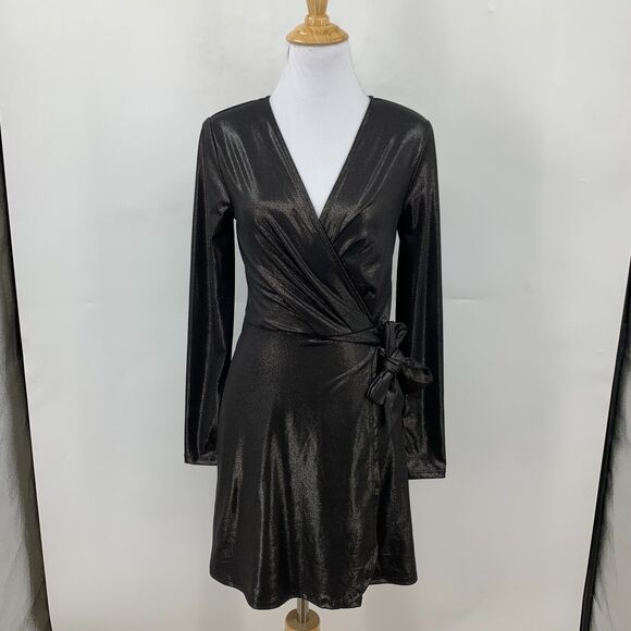 BCBGeneration Faux Wrap Dress Womens XXS 2XS Metallic Tie Waist Long Sleeve - Picture 2 of 16